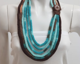 Aquamarine scarf handmade of acrylic wool, knitted textile necklace for woman, strand fabric necklace for winter outfit