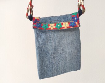 Denim pouch with shoulder strap, blue jeans crossbody phone case, recycled denim purse gift for girls