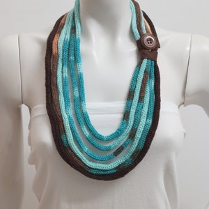 Aquamarine scarf handmade of acrylic wool, knitted textile necklace for woman, strand fabric necklace for winter outfit image 1