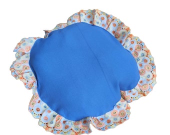 Retro style bluette round cushion cover with lace, cobalt blue decorative pillow with Sangallo trimming