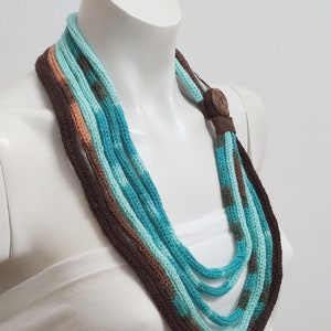Aquamarine scarf handmade of acrylic wool, knitted textile necklace for woman, strand fabric necklace for winter outfit image 5