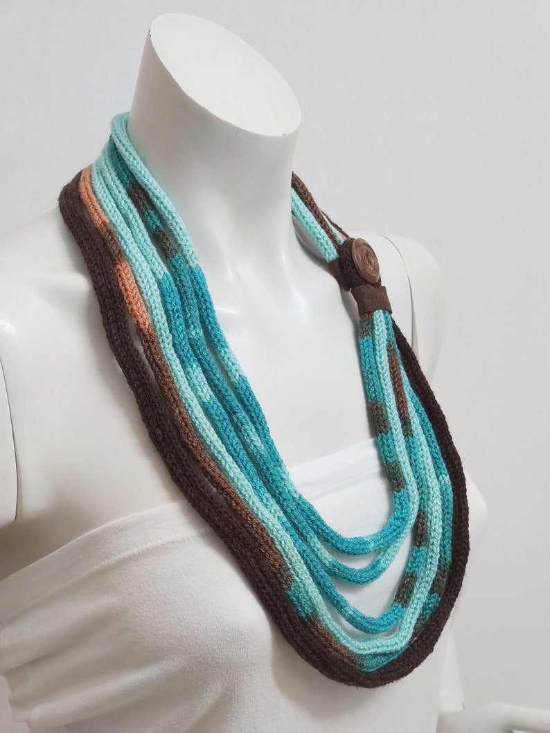 Aquamarine scarf handmade of acrylic wool, knitted textile necklace for woman, strand fabric necklace for winter outfit image 5