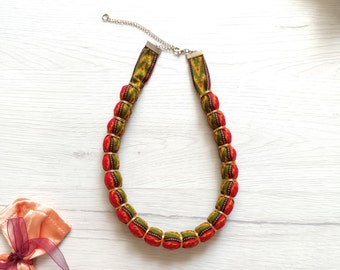 Statement fabric bead necklace, colorful red and green African chunky choker for women made of wood and cloth necklace handmade jewelry