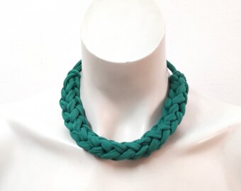 Emerald green textile necklace set, knot fabric necklace and bangle, handmade knit choker and bracelet birthday gift for women