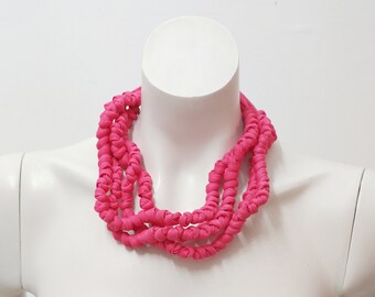 Chunky hot pink fabric necklace, layered fuchsia necklace statement knot jewelry eco friendly gift for woman