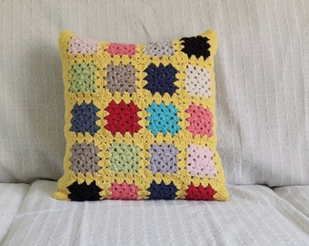 Yellow lemon crochet granny square pillow, handmade crochet pillow cover for couch, recycled cotton throw cushion for boho eclectic house