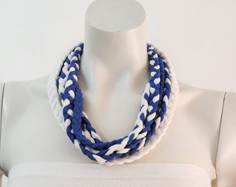 Braided blue fabric necklace, multi layered cloth choker, unique white and blue braid necklace, upcycled jewelry gift for woman