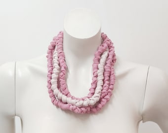 Blush pink knot fabric necklace, multi strand chunky boho textile necklace, eco-friendly gift for women