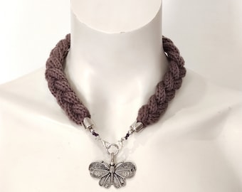 Purple knit choker wool necklace with chunky butterfly pendant, Braided handmade jewelry elegant textile knit necklace gift for her