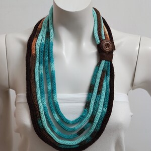 Aquamarine scarf handmade of acrylic wool, knitted textile necklace for woman, strand fabric necklace for winter outfit image 8