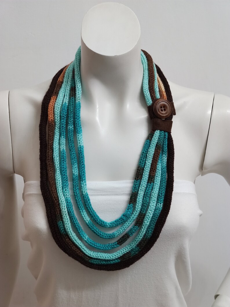 Aquamarine scarf handmade of acrylic wool, knitted textile necklace for woman, strand fabric necklace for winter outfit image 8
