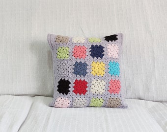 Crochet granny square pillow cover, geometric purple chunky knit pillow in recycled cotton 16x16, handmade lilac crochet square cushion