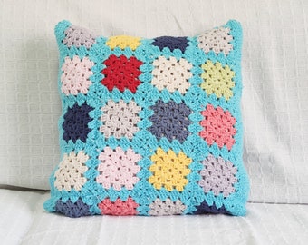 Light blue granny square pillow cover eco conscious gift, handmade azure cotton pillowcase, multicolored turquoise crochet cushion 16x16