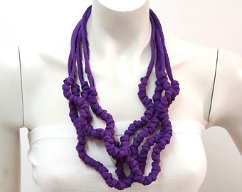 Chunky violet t shirt necklace, multi layered cloth necklace, handmade statement jewelry from upcycled textiles gift for woman