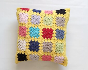 Yellow lemon crochet granny square pillow, handmade crochet pillow cover for couch, recycled cotton throw cushion for boho eclectic house