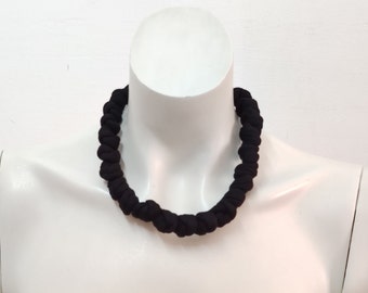 Punk black knotted collar necklace, fabric beaded choker hand-sewn from t-shirt scraps, chunky yarn jewelry gift for women and men