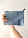 Recycled denim purse zipper pouch, denim pencil case, makeup bag eco friendly gift for him or her product logo