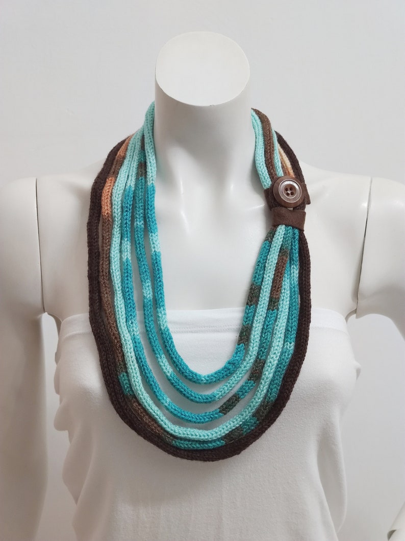 Aquamarine scarf handmade of acrylic wool, knitted textile necklace for woman, strand fabric necklace for winter outfit image 1