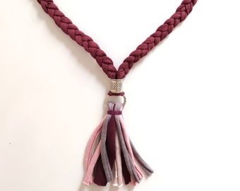 Long fabric tassel necklace for women, purple t-shirt yarn necklace braided with colorful pendant handmade from upcycled burgundy cloth