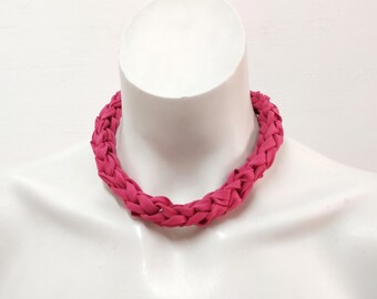 Textile magenta necklace, hot pink knot fabric necklace, adjustable handmade fuchsia knit choker necklace summer festival for women
