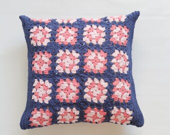 Blue floral crochet cushion cover, handmade hippie chunky knit pillow, granny square pink pillowcase in recycled cotton