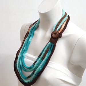 Aquamarine scarf handmade of acrylic wool, knitted textile necklace for woman, strand fabric necklace for winter outfit image 2