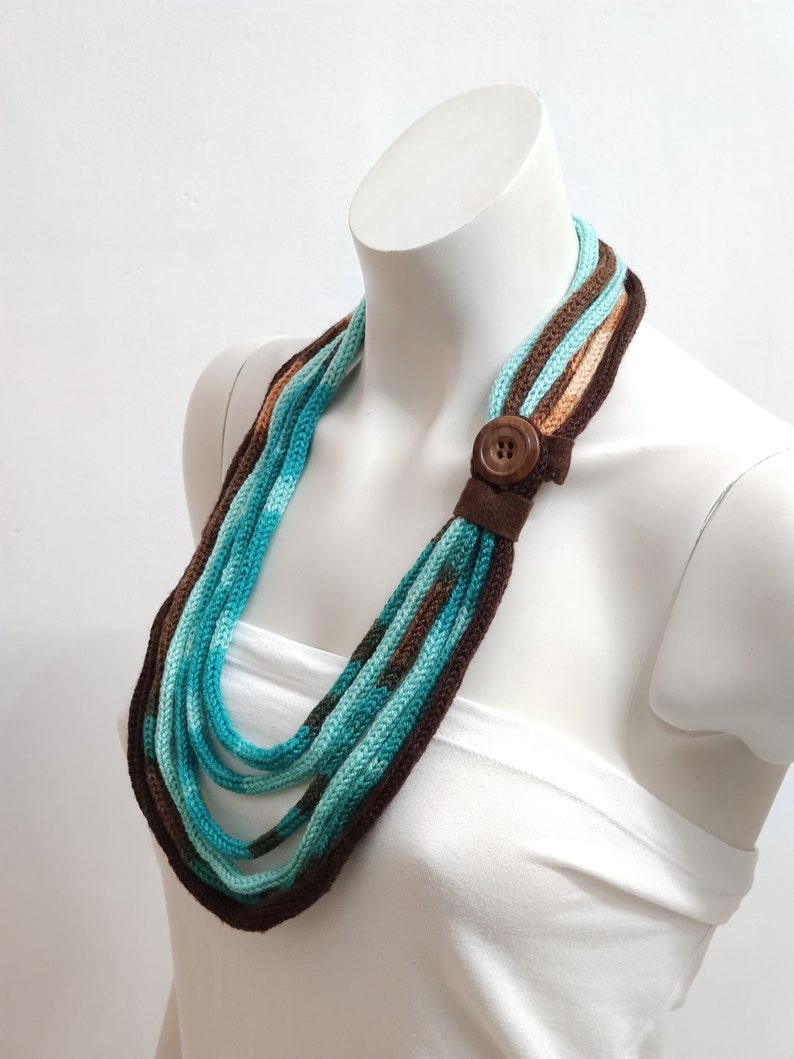 Aquamarine scarf handmade of acrylic wool, knitted textile necklace for woman, strand fabric necklace for winter outfit image 2