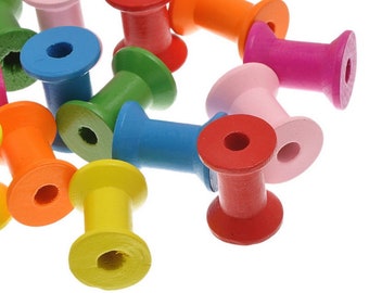 Pack of 10 Assorted Colours Wood Bobbin Spool. Accessory for Sewing Machine & Thread Storage. 22mm Outer Diameter. Full Length is 28mm.