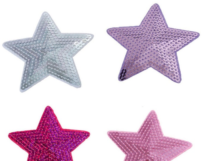 Pack of 3 Different Colours Fabric & Sequin Stars. 9cm Xmas Sew On Patches. Christmas Appliques