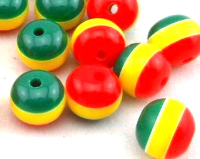 Pack of 50 Round Mini Rasta Colours Stripe Beads. 12mm Ghana Jamaica Reggae Spacers.