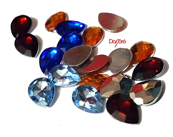 Pack of 100 Teardrop Cabochons. Different Colours Rhinestones. 14mm x 10mm
