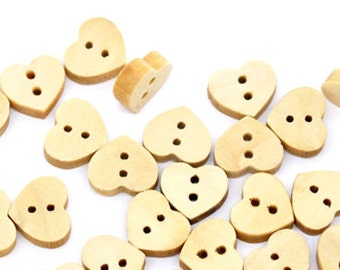 Pack of 100 Wooden Heart Buttons. Natural Wood Colour Children's Fasteners. 10mm Plain Design