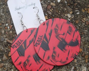 Red Rebel Street Art Graffiti Wood Earrings. Original Design On Both Sides. 6cm Diameter. Wooden Jewellery. Rebel Jewel