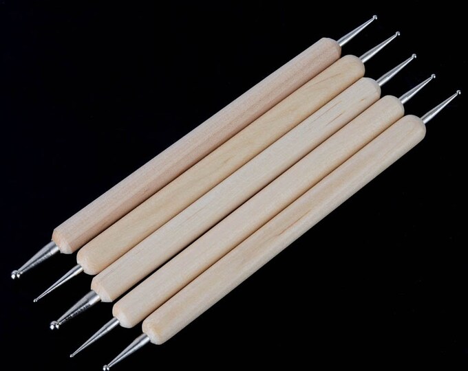 Pack of 5 Plain Design Dotting Marbling Wood Nail Art Sticks. Double Ended Wooden Tools With 10 Different Sizes
