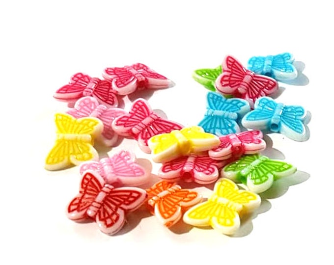 Pack of 100 Assorted Colours Acrylic Butterfly Beads. Animal Nature Charms. 11mm x 14mm Buttons