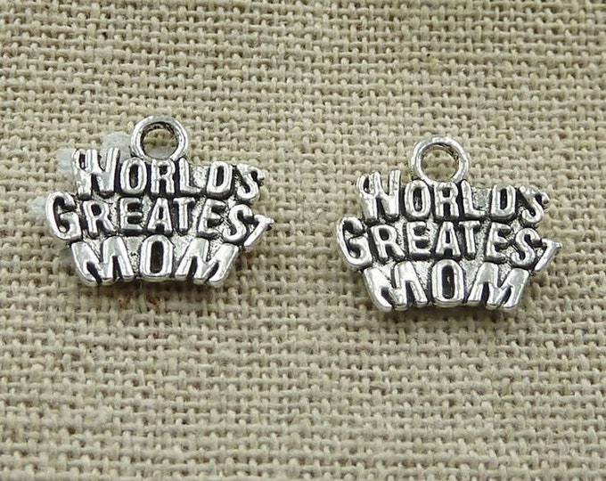 Pack of 50 Silver Colour WORLD'S GREATEST MOM Charms. 14mm x 12mm Pendants