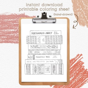 May include: A black and white printable coloring page featuring a stack of books by Jane Austen. The books are titled "Northanger Abbey", "Sense and Sensibility", "Persuasion", "Emma", "Mansfield Park", and "Pride and Prejudice". The bottom book is titled "Jane Austen's Seven Novels".