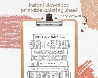 Jane Austen Book Stack COLORING SHEET - Instant Download Printable Literary Coloring Sheet