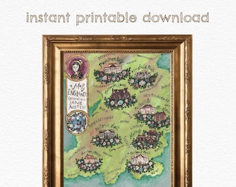 Jane Austen's Map of England DIGITAL DOWNLOAD - Literary Art Print