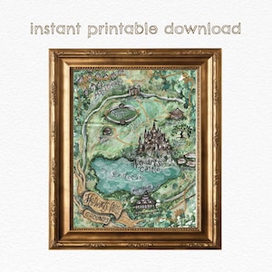 May include: A hand-painted watercolor map of Hogwarts Castle and its surrounding grounds, including Hogsmeade, the Great Lake, and the Quidditch Pitch. The map is framed in a gold frame.