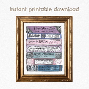 May include: A printable illustration of a stack of popular children's books. The books are illustrated in a watercolor style with pastel colors. The titles include "A Wrinkle in Time", "Walk Two Moons", "Number the Stars", "Tuck Everlasting", "Bridge to Terabithia", "A Little Princess", and "The Witch of Blackbird Pond".