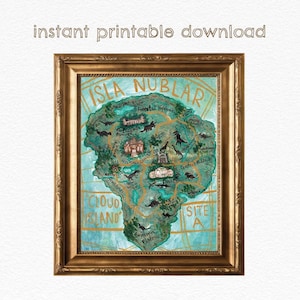 May include: A hand-painted map of Isla Nublar, a fictional island from the Jurassic Park franchise. The map features a green island with gold outlines, depicting various locations like the Visitor Centre, the Jungle, and the Southern Plateau. The text "Isla Nublar" is written in gold lettering at the top of the map.