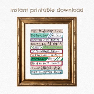 Puede incluir: Una pila de libros de C.S. Lewis, que incluyen "Mera Cristianismo", "Las Cartas de Screwtape", "Sobre las historias", "Los Cuatro Amores", "El Gran Divorcio", "Perelandra", "Hasta que tengamos rostros", "Sorprendido por la alegría" y "Reflexiones cristianas".