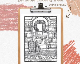 Cozy Cottage Library Coloring Page – Hand-Drawn Printable (Digital Download)