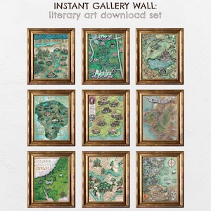 May include: A set of nine printable maps of fictional locations from literature, including Middle Earth, Narnia, and the Sea of Nubble. The maps are framed in gold and displayed on a white wall. The text "INSTANT GALLERY WALL: literary art download set" is at the top of the image.