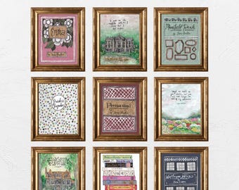 Puede incluir: Un conjunto de impresiones digitales imprimibles con ilustraciones inspiradas en la literatura clásica. Las impresiones presentan citas, portadas de libros e ilustraciones de casas de novelas como Orgullo y Prejuicio, Emma, Mansfield Park, Persuasión y Northanger Abbey.