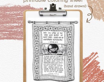 May include: A black and white hand-drawn printable coloring sheet on a clipboard. The illustration features a hanging tapestry with floral borders, a central oil lamp graphic, and text from 1 Samuel 3:1, 19-21. The text reads: And the word of the Lord was rare in those days; there was no widespread revelation. 1 Samuel 3:1.
