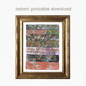 May include: A watercolor illustration of the Harry Potter book covers stacked on top of each other. The covers are painted in a variety of colors and feature the titles of each book. The illustration is framed in a gold frame.