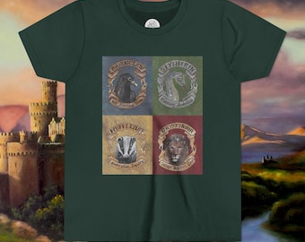 May include: Dark green t-shirt featuring four house crests from a fantasy series. The crests include a raven, snake, badger, and lion, each with a house name and motto. The shirt is made of a soft material.
