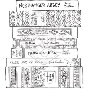 Jane Austen Book Stack COLORING SHEET Instant Download Printable Literary Coloring Sheet image 2